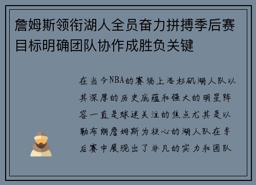 詹姆斯领衔湖人全员奋力拼搏季后赛目标明确团队协作成胜负关键