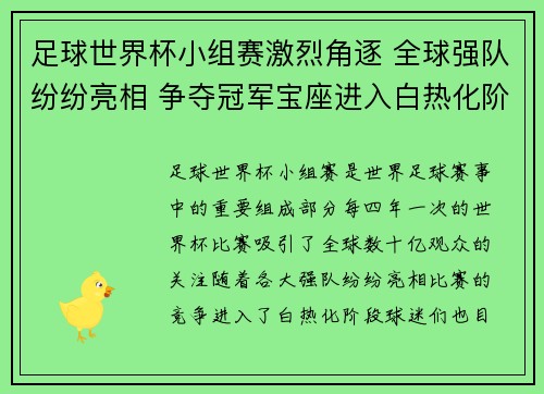 足球世界杯小组赛激烈角逐 全球强队纷纷亮相 争夺冠军宝座进入白热化阶段
